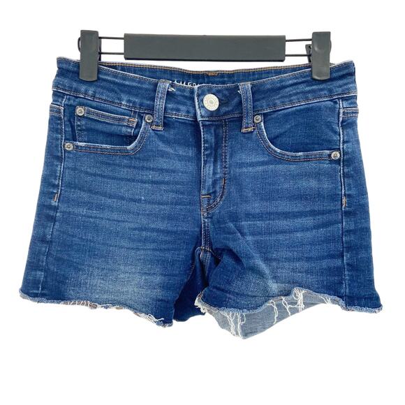 American Eagle 2 Dark Wash Cutoff Super Stretch Shortie Low Rise Denim Shorts - Picture 3 of 9